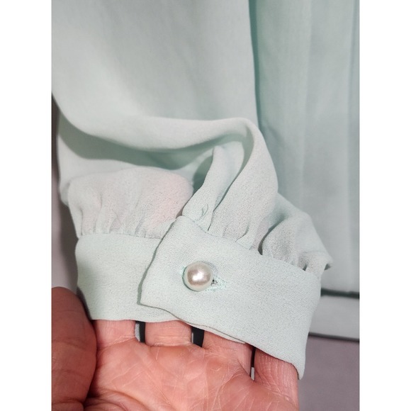 Vintage 14P Mint Green Lace Collar Pleated Blouse Women Long Sleeve Pearl Button - Picture 4 of 6